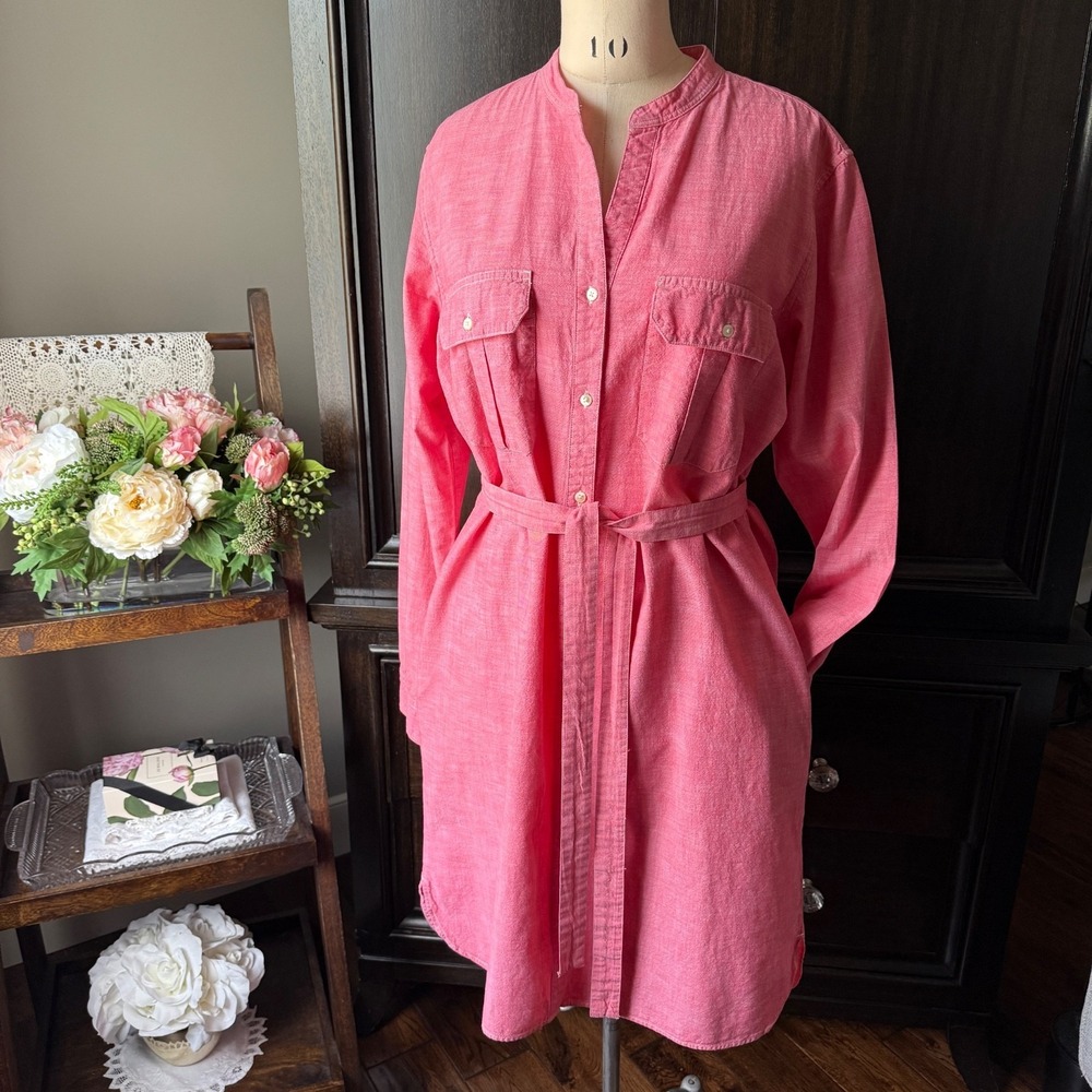 Gap Pink‎ Chambray Shirt Dress Belted Utility Button Front XL Tall Minimal